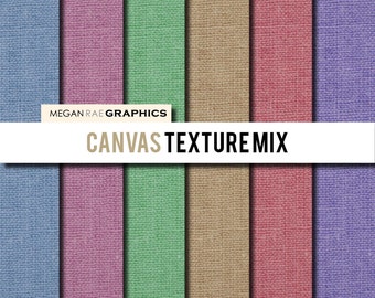 May include: Six digital paper textures with a canvas look. The colors are blue, purple, green, brown, pink, and lavender. The papers are 8 inches by 8 inches and 300 DPI.