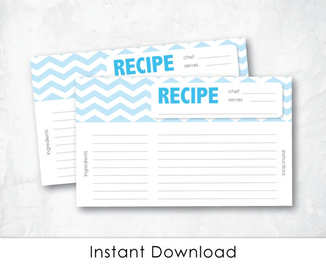 Recipe Card Cute Modern CHEVRON BLUE Printable Recipe Card - Etsy