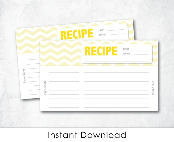 Recipe Card Cute Modern CHEVRON YELLOW Printable Recipe - Etsy