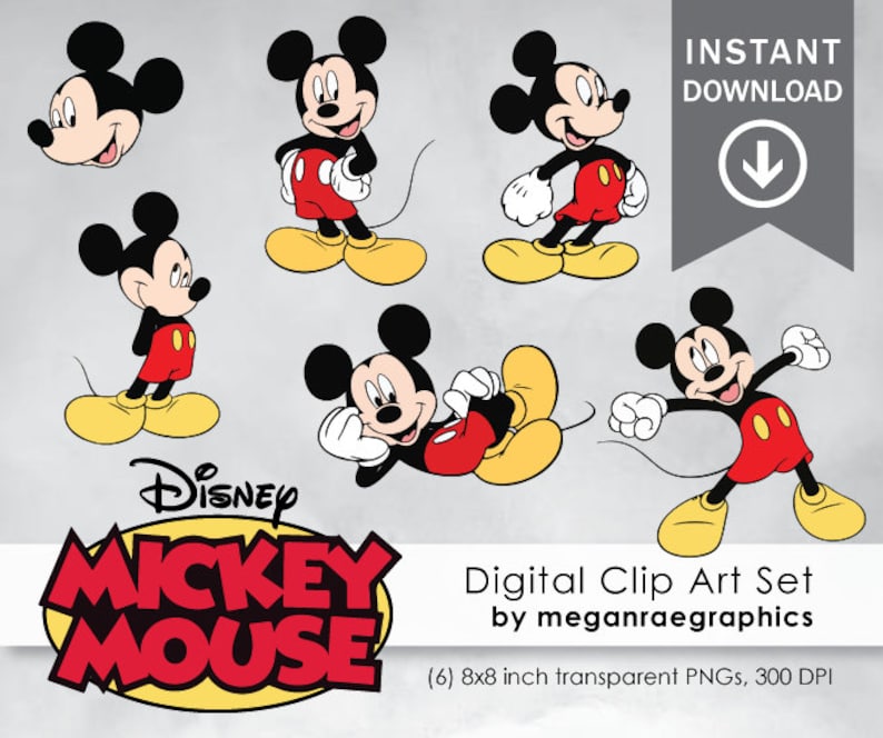 May include: Set of six digital clip art images featuring Mickey Mouse in various poses. The images are 8x8 inches and 300 DPI. The images are transparent PNGs.