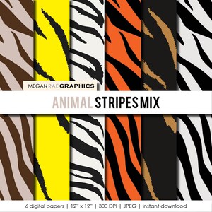 May include: Set of six digital papers featuring animal print stripes in various colours, including brown, yellow, black, white, orange, and tan. The papers are 12 inches by 12 inches and 300 DPI. The text "ANIMAL STRIPES MIX" is displayed in the centre of the image.
