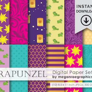 50% OFF RAPUNZEL Digital Paper Patterns, Instant Download, 8 1/2" x 11" Paper Pack | Desktop Printing