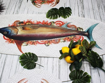 Summer Mosaic Decor Vegan Leather Table Runner- Swordfish