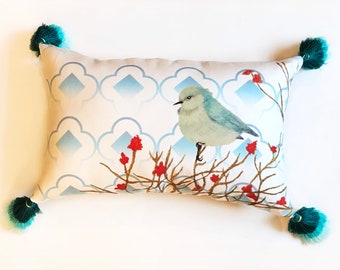 Blue Bird Red Flower small throw pillow tri colored ombre tassels