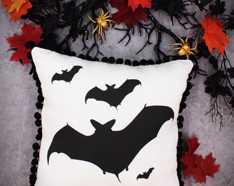 Bat Silhouette Throw Pillow- pom pom edge