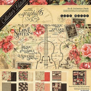 May include: A collector's edition papercrafting pack with a vintage aesthetic. The pack includes three sheets of double-sided patterned paper and one sheet of stickers. The papers feature a variety of designs, including roses, musical notes, and vintage typography. The text on the cover reads "Love Notes" and "Music Speaks".