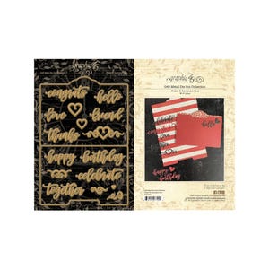 May include: A set of 10 metal die cuts for crafting. The die cuts feature words like "congrats", "hello", "love", "friend", "thanks", "happy birthday", "celebrate", and "together". The die cuts are gold in color and have a distressed look. The die cuts are shown on a black background with a white border.