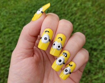 Press On Nails Minion Nails, Despicable Me Nails Square Hand Painted Nails, Geek Nails