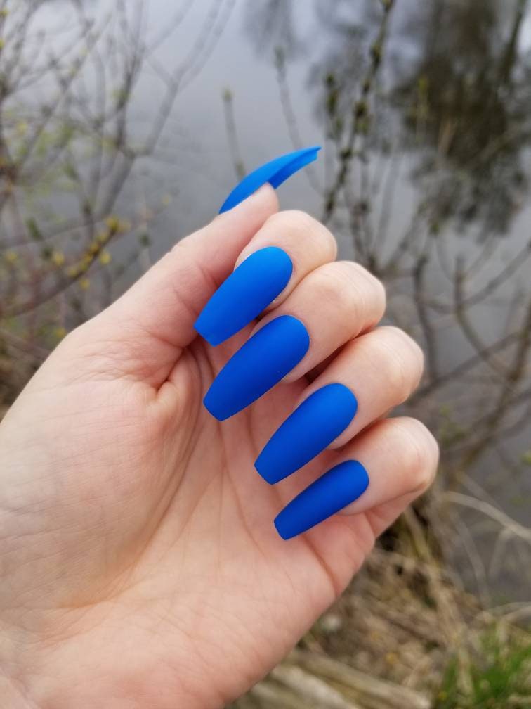 Long Matte Royal Blue Coffin Fake Nails Simple Blue Hand - Etsy Long Matte Royal Blue Coffin Fake Nails Simple Blue Hand - Etsy