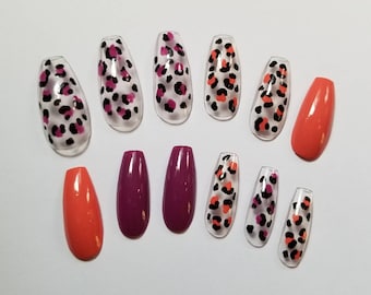 Clear Leopard Press On Nails | Pink Purple Coffin Fake Hand Painted Y2K Inspired Set