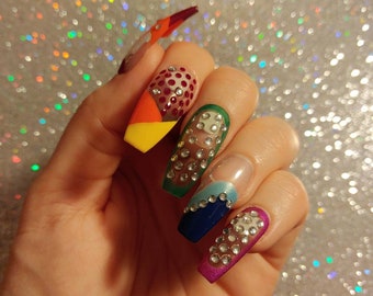 Press On Nails Rainbow Coffin Hand Painted Set with Rhinestones Bling
