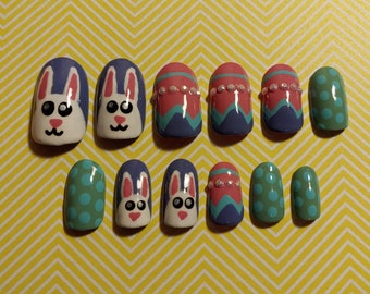 Easter Nails Short Bunny and Egg Press On Set Hand Painted