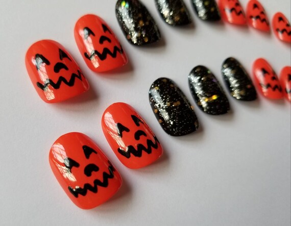 Cute Pumpkin Halloween Fake Nails Short Round Black And Etsy