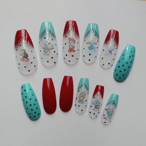 Presse sur les ongles Ongles de schtroumpfs, ongles peints à la main de geek