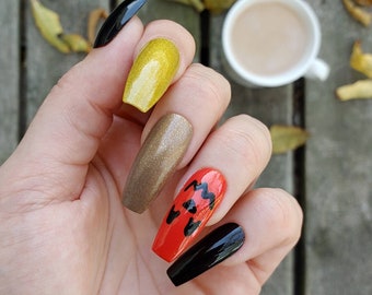 Press On Nails Pumpkin Nails, Coffin Nails Pumpkin Hand Painted Nails, Pumpkin Spice Nails