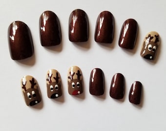 Plaknagels Kerst Rendier Chocoladebruin Feestset