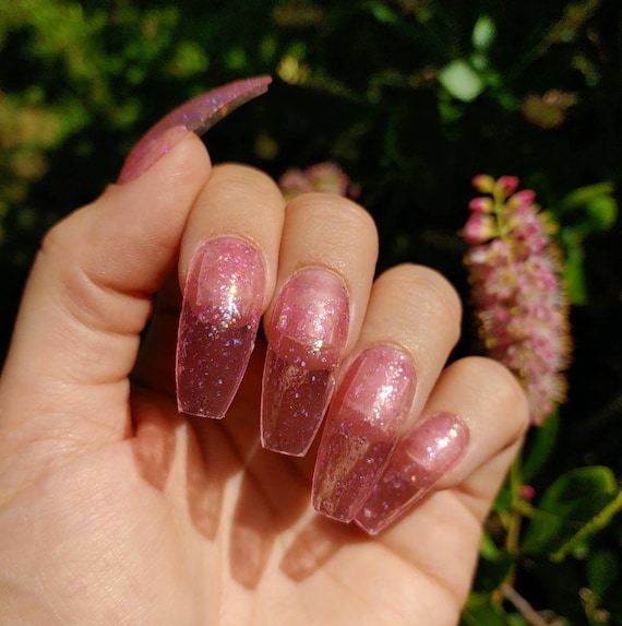 Press on Nails Pink Jelly Coffin Nails Clear Pink Jelly Hand Painted Nails Etsy