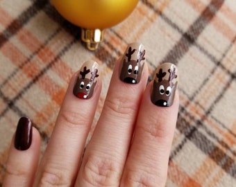 Press On Nails Reindeer Christmas Nails Medium Round Hand Painted Christmas Nails