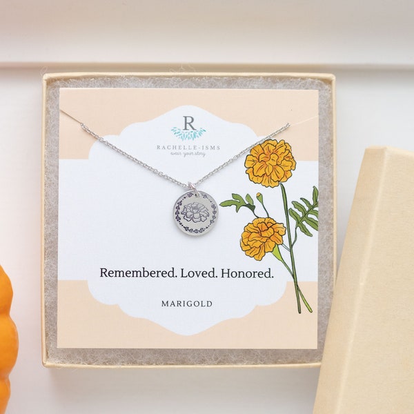 Sterling Marigold Flower Jewelry for Remembrance Gift - Miscarriage necklace for mom - Pregnancyloss Babyloss Gift for Miscarriage gift