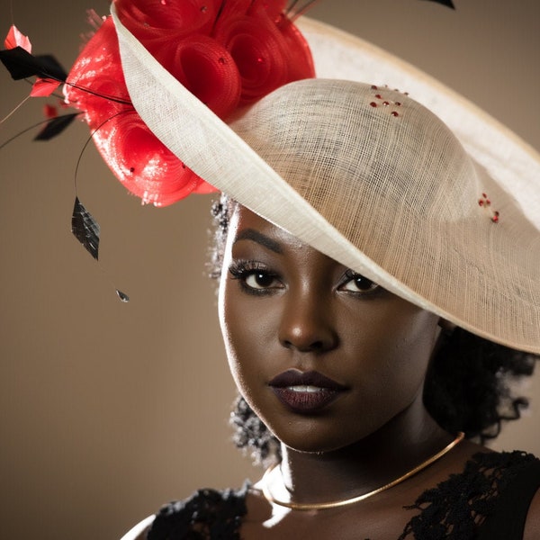 Upturned Style Cream Hatinator - Royal Ascot Hat - Red Rose Hatinator - Horse Race Hat -  Wide Brim Hat - COGIC Hat