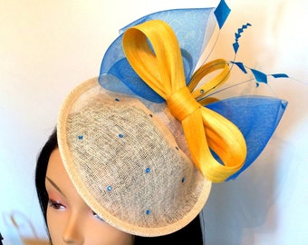 Dented Cone-Shaped Fascinator - Royal Ascot Hat - First Lady Hat - Church Hat - Kentucky Derby Hat - Blue and Yellow Hat.