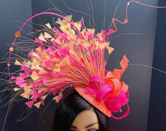 Striking Peach and Pink "Kate" Fascinator.  Unique Handmade  Fascinator. Modern Fascinator for Girls/Women.  Wedding Fascinator. Gift Item.