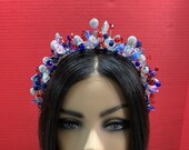 Handmade Beaded Crown. Colored Beaded Headband.  Blue and Silver bridal Tiara.  Bridal Headpiece.  Wedding Headband.  Wedding Hair Accessory