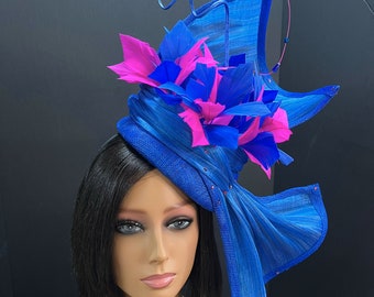 Hand-sculpted UK blue & Fuchsia Pink "Cassie" Fascinator. Sinamay and Silk Abaca Headpiece Fascinator.  UK Blue and Fuchsia Pink Fascinator.