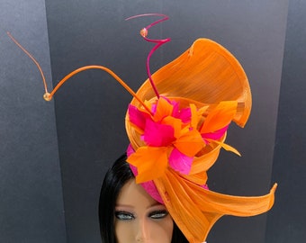 Hand-sculpted Orange and Fuchsia Pink Silk Abaca Fascinator. Sinamay and Silk Abaca Headpiece Fascinator.  Fuchsia Pink and Orange Hat.