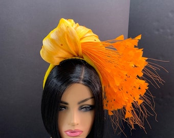 Orange and Yellow Silk Abaca Knotted Headband with Orange Embellishments. Wedding Hat. Bridal Hat.  Summer Hairband. Unique Silk Abaca Hat.