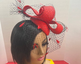 Sculptural Red Straw Fascinator with veiling.  Handmade Toquilla Straw & veil Fascinator. Parisisal Straw Button Hat. Red Straw Fascinator.