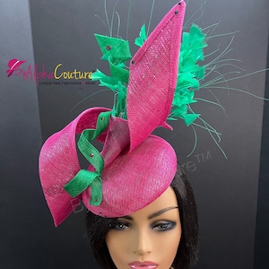 Fuchsia Fascinator with Green Feathers.  Bright Pink Headpiece.  Wedding Beret Hat. Pink Pillbox Hat. Ascot Hat.  Ladies Day Hat.