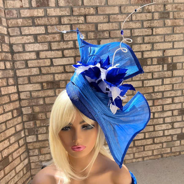 Hand-sculpted UK blue and White Abaca Fascinator. Sinamay and Silk Abaca Headpiece Fascinator.  UK Blue and White Fascinator.