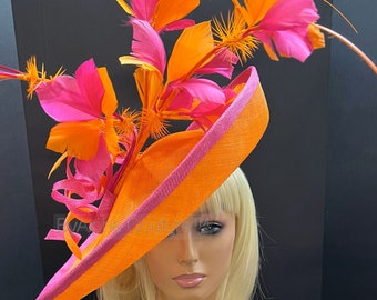 Orange and Hot pink Hatinator.  Wedding Guest Hatinator.  Derby hat. Church Hat. Tea Party Hat. Oaks Day Hat. Mother of Bride Hatinator.
