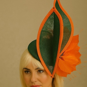 Green & Orange Sinamay Fascinator: Swarovski Crystal Ascot Hat