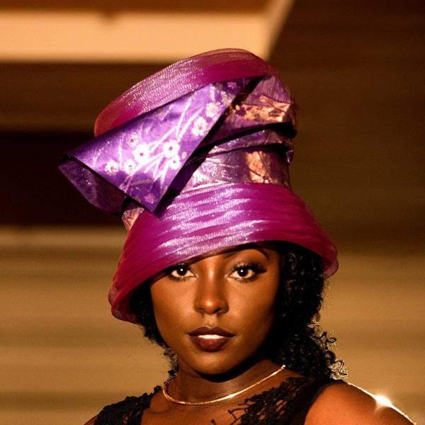Purple African 'Gele' Hat.  Royal Ascot Hat, Church Hat, Mother-in-law Hat, Kentucky Derby Hat, Mother-of-Bride Hat, Stylish Hat.