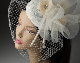 Cream Handmade Bridal Fascinator. Bridal Party Hat, Church Hat, First Lady Hat, Bird Cage Fascinator, Ceremonial Hat.