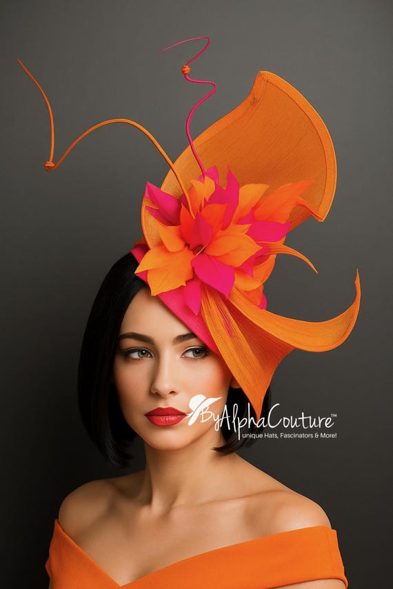 Tropique Fleur - Orange & Fuschia Feather Fascinator. Silk 