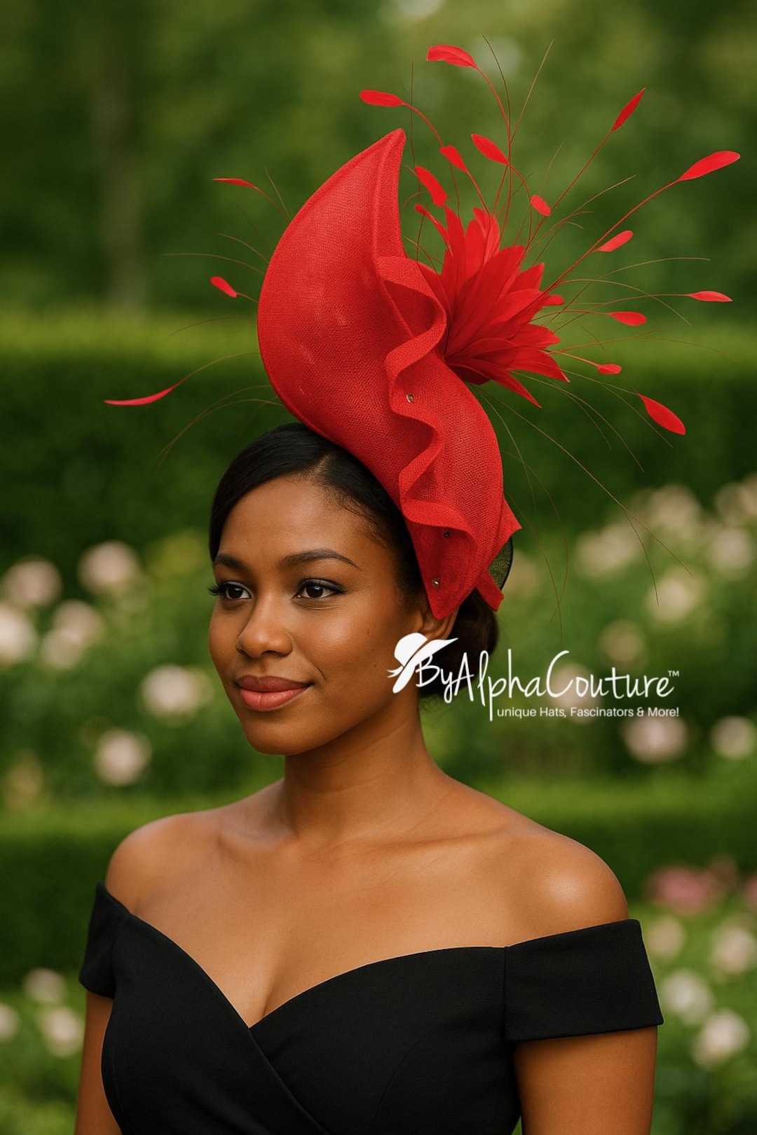 open lace back dress Red Satin Ribbon Dress Fascinator Hat with Feathers/Shenor Collections