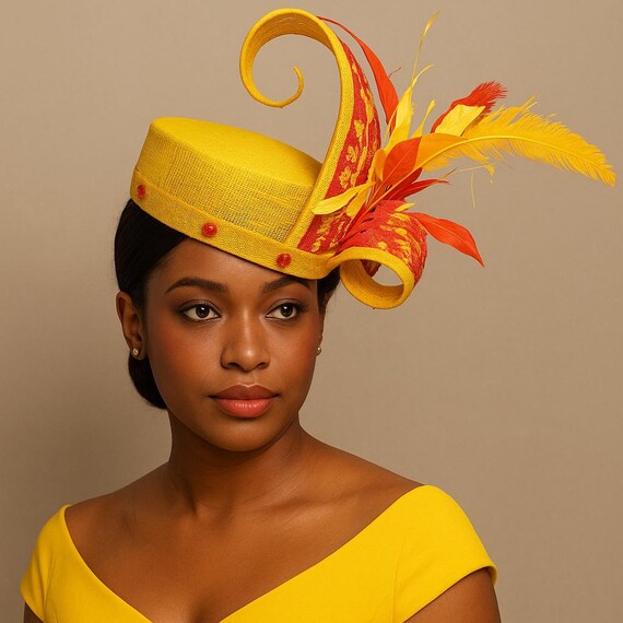 Fascinator Church Derby Hat Pillbox Hats Yellow Yellow Mini Pillbox Fascinator Hat for Races, Kentucky Derby  main image 4