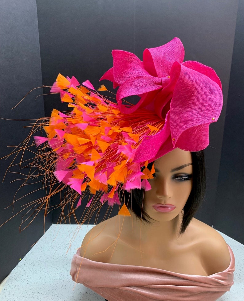 Gorgeous Kentucky Pink & Orange Derby Hat - Handmade Stylish/Colorful Ribbon Hats for Ladies/Women - Gift for Bridal/Best Friend/Girl Friend 