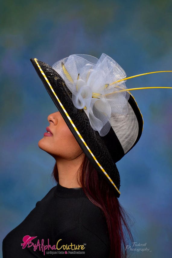 Bumblebee Lace Kentucky Derby Hat: Black & Yellow Occasion  display picture 2