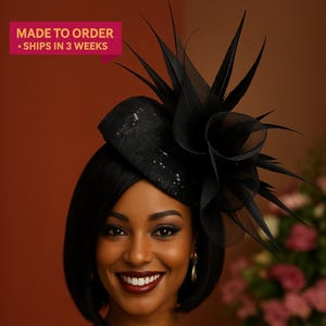 Noire Envy - Tocado de encaje de guipur negro: Sombrero de novia con plumas y lentejuelas