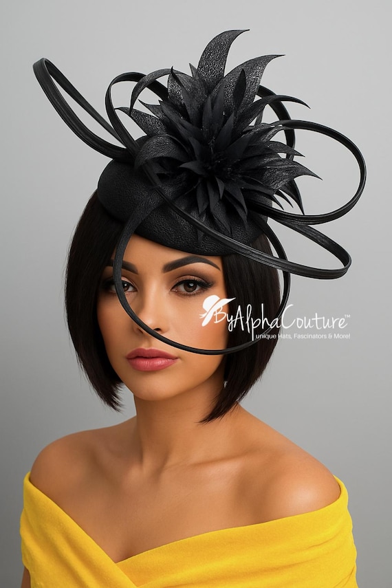 Vintage Pill Box Hat Feathers Black‎ Velvet Fascinator Formal Head Piece 22” black pillbox hat - Gem main image 3