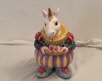 Fitz & Floyd Strange Whimsical Unicorn Jester Ceramic Cookie Jar