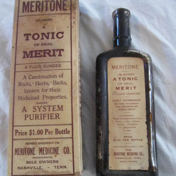 Meritone Tonic of Merit Herbal System Purifier Antique Victorian Full Medicine Bottle with Box