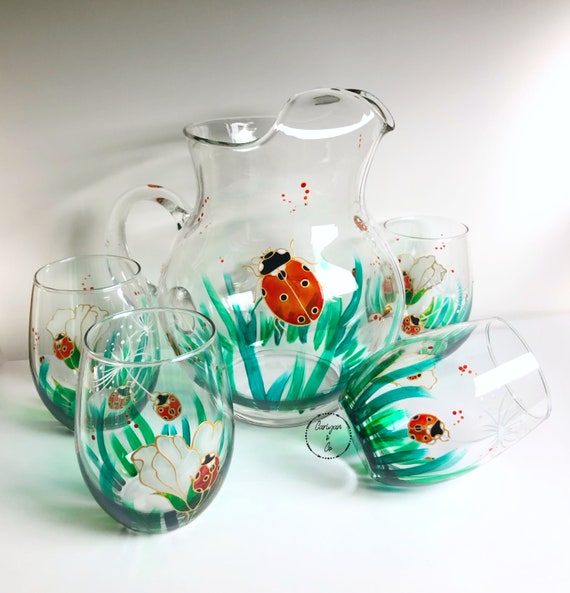 Hand Painted Ladybug Glass Mug, Glass Set, Ladybug Glass Pitcher 