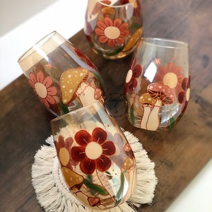 Retro Floral Stemless Wine Glasses, Autumn Wine Glass, Hand Painted Wine Glass