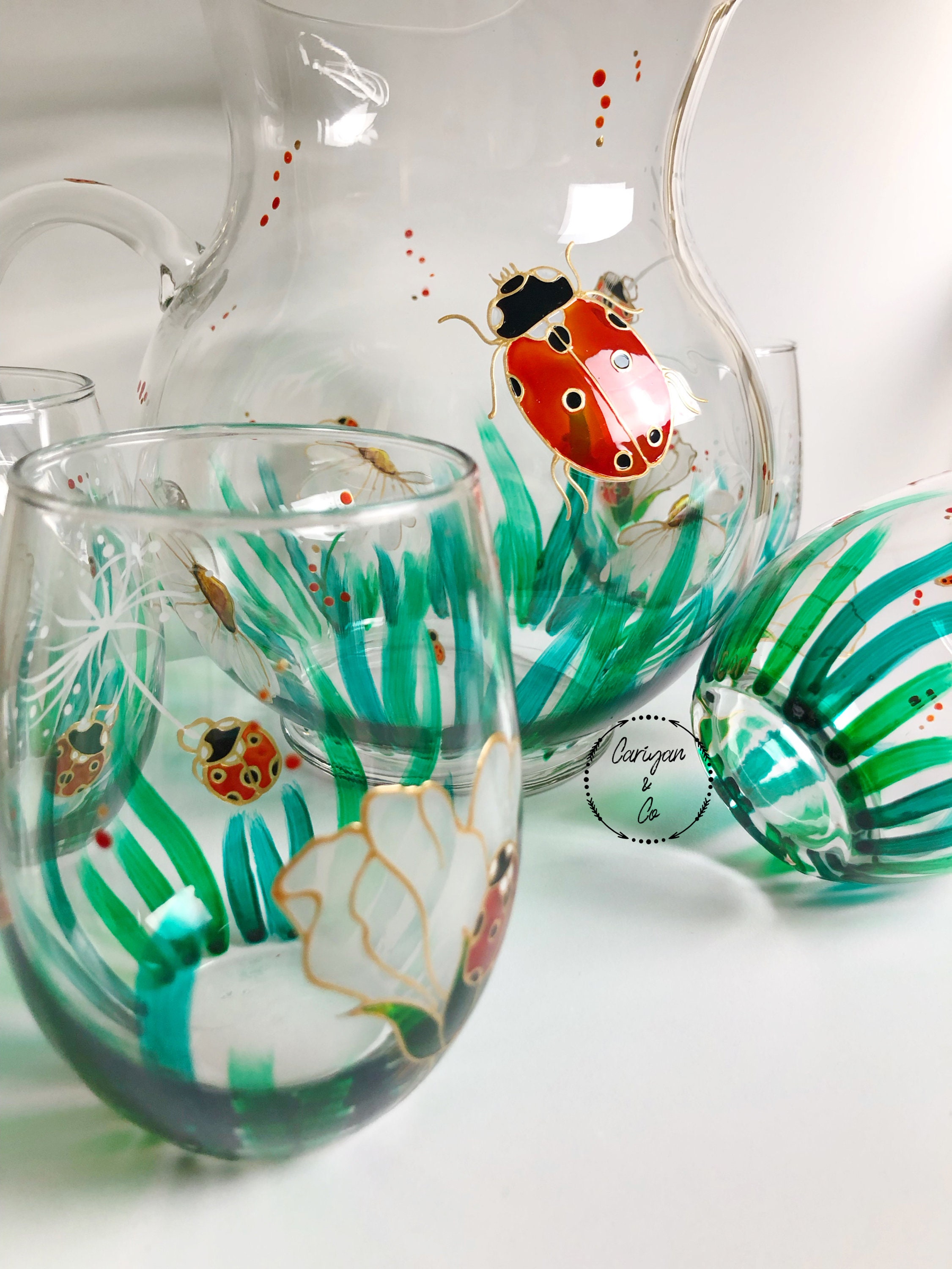 Hand Painted Ladybug Glass Mug, Glass Set, Ladybug Glass Pitcher 
