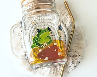 Hand Painted Frog Mushroom Glass Cup Mug